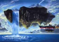 Rule 34 | 1970s (style), 1980s (style), battleship, cloud, day, epic, falls, final yamato, floating, floating island, floating object, flying, island, military, military vehicle, no humans, ocean, official art, oldschool, production art, retro artstyle, scenery, science fiction, ship, sky, spacecraft, traditional media, uchuu senkan yamato, uchuu senkan yamato kanketsu hen, warship, water, watercraft, waterfall, yamato (uchuu senkan yamato)