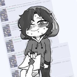 Rule 34 | 4chan, black hair, black pants, blush, flat chest, greyscale with colored background, gummuru, hair over one eye, holding, holding letter, hood, hoodie, imageboard, letter, looking at viewer, love letter, messy hair, nervous smile, original, pants, personification, playstation vita (personification), smile, sony, sweat, nervous sweating