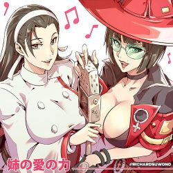 Rule 34 | 2girls, arc system works, bespectacled, bob cut, breasts, brown eyes, chinese clothes, choker, cleavage, commentary, crossover, dress, english commentary, fingerless gloves, fingernails, glasses, gloves, green-tinted eyewear, green-tinted glasses, guilty gear, guilty gear strive, hair slicked back, hairband, hat, heterochromia, i-no, jacket, kagura chizuru, large breasts, lips, lipstick, long hair, looking at viewer, makeup, microphone, microphone stand, mole, mole above mouth, multiple girls, musical note, over-rim eyewear, red headwear, red jacket, red lips, richard suwono, semi-rimless eyewear, short hair, snk, sunglasses, the king of fighters, the king of fighters xv, tinted eyewear, upper body, white dress, white hairband, wide sleeves, witch hat