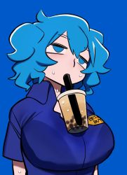 Rule 34 | 1girl, best buy, blue background, blue eyes, blue hair, blue shirt, breasts, bubble tea, bubble tea challenge, collared shirt, commentary request, cookie (touhou), cup, drinking, drinking straw, highres, kawashiro nitori, kofji (cookie), large breasts, medium hair, shirt, shitsumin, simple background, solo, sweat, touhou, upper body