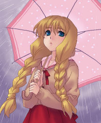 Rule 34 | 00s, 1girl, braid, holding, holding umbrella, oekaki, one - kagayaku kisetsu e, rain, satomura akane, school uniform, serafuku, solo, twin braids, umbrella, zen