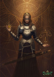 Rule 34 | 1girl, absurdres, armor, blindfold, breastplate, brown hair, brown skirt, closed mouth, coin, commentary, drawn crown, english commentary, closed eyes, facing viewer, gold coin, gwent (game), hair slicked back, hand up, highres, logo, long skirt, manuel castanon, official art, pauldrons, scabbard, sheath, sheathed, shoulder armor, skirt, solo, standing, sword, tears, weapon, weighing scale