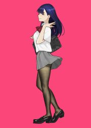Rule 34 | 1girl, bag, blue hair, blush, breasts, brown pantyhose, closed eyes, closed mouth, collared shirt, duplicate, full body, grey skirt, hand up, loafers, long hair, miru tights, mole, mole under eye, nakabeni yua, neckerchief, pantyhose, pink background, red neckerchief, school bag, school uniform, shirt, shoes, sidelocks, simple background, skirt, smile, solo, white shirt, yomu (sgt epper)