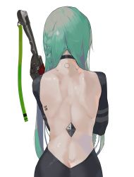 Rule 34 | 1girl, absurdres, android, aqua hair, back, back focus, backless outfit, bare back, braid, butt crack, choker, from behind, highres, long hair, original, simple background, single braid, solo, white background, yunimaru