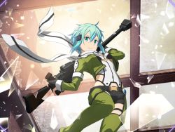 Rule 34 | 1girl, anti-materiel rifle, bare hips, black gloves, black shorts, blue eyes, blue hair, bolt action, closed mouth, covered navel, fingerless gloves, game cg, gloves, green jacket, green legwear, gun, hair between eyes, hair ornament, hairclip, holding, holding gun, holding weapon, jacket, leotard, long sleeves, looking at viewer, open clothes, open jacket, pgm hecate ii, rifle, scarf, shattered, short hair, short shorts, shorts, sinon, smile, sniper rifle, solo, sword art online, sword art online: alicization rising steel, thigh strap, weapon, white leotard, white scarf