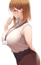 Rule 34 | 1girl, absurdres, bare shoulders, black skirt, blush, breasts, brown eyes, brown hair, highres, large breasts, mole, mole on armpit, mole under eye, office lady, ol-chan (udon), original, pencil skirt, ribbed sweater, short hair, skirt, sleeveless, sleeveless sweater, solo, sweater, udon (udonalium), white background, white sweater