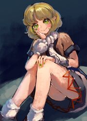 Rule 34 | 1girl, absurdres, arm warmers, black footwear, blonde hair, blush, closed mouth, green hair, highres, legs, mizuhashi parsee, multicolored clothes, nanaironokabi, open mouth, pointy ears, short hair, short sleeves, sitting, skirt, smile, socks, solo, thighs, touhou