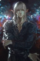 Rule 34 | 1boy, bad id, bad pixiv id, black pants, blue shirt, collared shirt, cowboy shot, elezen, elf, estinien varlineau, final fantasy, final fantasy xiv, frischenq, grey eyes, hand on own arm, long hair, looking to the side, male focus, pants, pointy ears, shirt, signature, silver hair, solo, standing