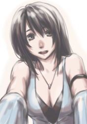 Rule 34 | 1girl, arm warmers, black eyes, black hair, breasts, cleavage, collarbone, final fantasy, final fantasy viii, jewelry, long hair, looking at viewer, lowres, necklace, open mouth, rinoa heartilly, simple background, sleeveless duster, solo, yokutsuki noa