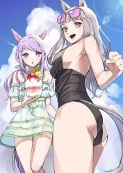 Rule 34 | 2girls, absurdres, animal ears, ass, black one-piece swimsuit, blue sky, blunt bangs, casual one-piece swimsuit, cloud, dress, eyewear on head, feet out of frame, food, gold ship (run revolt launcher) (umamusume), gold ship (umamusume), grey hair, highres, horse ears, horse girl, horse tail, lens flare, long hair, low twintails, mejiro mcqueen (ripple fairlady) (umamusume), mejiro mcqueen (umamusume), multiple girls, one-piece swimsuit, pikuru (senchi), purple eyes, purple hair, shaved ice, sky, sunglasses, swept bangs, swimsuit, tail, twintails, umamusume, white dress