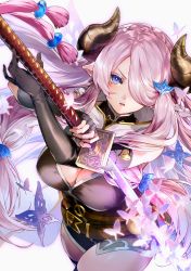 Rule 34 | 1girl, absurdres, asymmetrical gloves, bare shoulders, belt, black gloves, black thighhighs, blue eyes, blush, bottomless, braid, breasts, bug, butterfly, cleavage, commentary request, draph, elbow gloves, floating hair, frown, gloves, granblue fantasy, hair ornament, hair over one eye, highres, holding, holding sword, holding weapon, horns, insect, katana, large breasts, light purple hair, long hair, looking at viewer, low tied hair, narmaya (granblue fantasy), open mouth, pointy ears, single braid, single thighhigh, sleeveless, solo, sword, tarutaru yamaoka, thigh strap, thighhighs, thighs, uneven gloves, very long hair, weapon