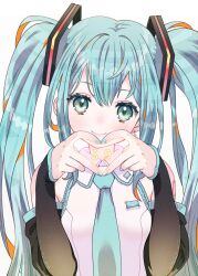 Rule 34 | 1girl, 39, blue eyes, blue hair, blush, collared shirt, detached sleeves, earrings, hair ornament, hatsune miku, hatsune miku (vocaloid4), heart, heart hands, highres, jewelry, kawamitsu, long hair, long sleeves, looking at viewer, miku day, nail polish, necktie, shirt, smile, solo, twintails, upper body, vocaloid