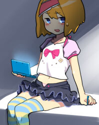 Rule 34 | 1girl, alice margatroid, blonde hair, blue eyes, blue thighhighs, blush, commentary request, cookie (touhou), feet out of frame, flat chest, frilled hairband, frilled skirt, frills, grey skirt, hairband, handheld game console, highres, holding, holding handheld game console, holding stylus, kakusou, looking at viewer, medium bangs, midriff, miniskirt, navel, nintendo ds, open fly, open mouth, panties, panty peek, pink hairband, pink panties, pink shirt, puffy short sleeves, puffy sleeves, raglan sleeves, shirt, short hair, short sleeves, sitting, skirt, solo, striped clothes, striped thighhighs, stylus, taisa (cookie), thighhighs, touhou, underwear, white shirt, yellow thighhighs