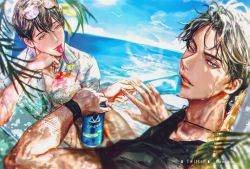 Rule 34 | 2boys, artist name, beach, black eyes, black hair, black shirt, brown eyes, can, dante ( dannnte ), drinking straw, eyewear on head, feeding, food, hand on own chin, hat, hawaiian shirt, highres, holding, holding food, kim dokja, korean commentary, lens flare, looking at another, looking at viewer, mouth hold, multiple boys, ocean, omniscient reader&#039;s viewpoint, parted lips, popsicle, shaved ice, shirt, short hair, short sleeves, straw hat, sun, sunlight, sweat, yoo joonghyuk