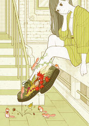 Rule 34 | 1girl, absurdres, autumn, autumn leaves, blouse, brick wall, flower, green footwear, green shirt, green shorts, halftone, highres, industrial pipe, leaf, limited palette, long hair, nut (food), original, outline, pinecone, purple flower, railing, shirt, shirt tucked in, shoes, shorts, smile, solo, squirrel, stairs, white outline, white shirt, window, yoshimon