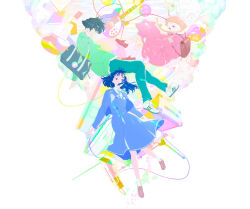 Rule 34 | 1boy, 2girls, air bubble, amplifier, bag, blue jacket, blue skirt, book, braid, bubble, cat, cd, character request, copyright request, dress, glasses, green jacket, guitar, highres, instrument, jacket, key visual, loafers, looking at viewer, low twin braids, multiple girls, official art, pants, piano, pink dress, promotional art, school bag, shoes, skirt, sneakers, twin braids