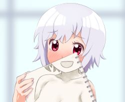 Rule 34 | 1girl, blush, commission, faux traditional media, gloamy, looking at viewer, nose blush, purple hair, red eyes, senryuu shoujo, short hair, sketchbook, smile, solo, upper body, yakobe kino