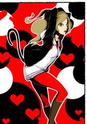 Rule 34 | 10s, 1girl, arms behind head, arms up, black background, black jacket, blonde hair, boots, breasts, cat tail, collarbone, green eyes, hair ornament, hairclip, hands in hair, hands up, happy, heart, heart background, highres, hood, hood down, hoodie, jacket, long hair, long sleeves, looking at viewer, medium breasts, multicolored background, open mouth, persona, persona 5, platinum blonde hair, red background, red legwear, shirt, solo, standing, tail, takamaki anne, takoyakiking7, teeth, tongue, twintails, white background, zipper