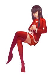 Rule 34 | 1girl, 3four, black hair, boots, breasts, christmas, closed mouth, cup, full body, high heel boots, high heels, kill la kill, kiryuuin satsuki, crossed legs, long hair, red heels, simple background, skirt, smile, solo, thigh boots, thighhighs, white background