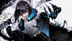 Rule 34 | 1boy, black coat, black hair, black pants, blue eyes, bug, butterfly, centipede, claws, coat, diamond hairband, dragonfly wings, fate/grand order, fate (series), fur trim, grin, hand on own face, highres, insect, kyouka (exclamationmark), looking at viewer, male focus, medium hair, oberon (fate), oberon (third ascension) (fate), pants, shirt, smile, tongue, tongue out, transparent wings, white shirt