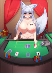 Rule 34 | 1girl, 5danny1206, absurdres, animal ears, barcode, barcode tattoo, breasts, card, casino, cleft of venus, clenched teeth, highres, huge breasts, looking at viewer, nude, original, playing card, poker, poker chip, pussy, red eyes, solo, tail, tattoo, teeth, white hair