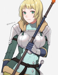Rule 34 | 1girl, armor, belt, black belt, blonde hair, blue gloves, blunt bangs, breastplate, commentary request, dress, fire emblem, fire emblem: three houses, fire emblem warriors: three hopes, gloves, green dress, green eyes, grey background, highres, holding, holding weapon, ingrid brandl galatea, looking at viewer, medium hair, nintendo, official alternate costume, official alternate hairstyle, pauldrons, peach11 01, shoulder armor, simple background, smile, solo, upper body, weapon