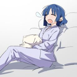 Rule 34 | 1girl, alternate costume, bed, blue hair, blunt bangs, bocchi the rock!, closed eyes, commentary, commentary request, highres, holding, holding pillow, mole, mole under eye, nose bubble, oekakiism, open mouth, pajamas, pillow, purple pajamas, short hair, sidelocks, simple background, sitting, sleeping, sleeping upright, solo, white background, yamada ryo