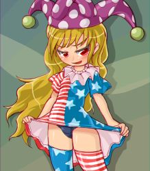 Rule 34 | 1girl, alternate legwear, american flag dress, american flag legwear, blonde hair, blush, chromatic aberration, clothes lift, clownpiece, dress, dress lift, fairy wings, hat, jester cap, long hair, looking at viewer, neck ruff, open mouth, print thighhighs, purple eyes, school swimsuit, short dress, short sleeves, smile, solo, star (symbol), striped clothes, striped thighhighs, swimsuit, swimsuit under clothes, thighhighs, touhou, wings, winn