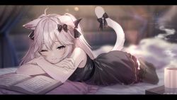 Rule 34 | 1girl, absurdres, ahoge, animal ear fluff, animal ears, bare shoulders, black bow, black dress, black thighhighs, blurry, blurry background, book, bow, cat ears, cat tail, commission, crossed arms, depth of field, dress, hair bow, head rest, highres, indoors, letterboxed, long hair, looking at viewer, lying, nyatasha nyanners, nyatasha nyanners (6th costume), on stomach, one eye closed, pillow, pink hair, ribbon, skeb commission, sleeveless, sleeveless dress, smile, solo, tail, tail ornament, tail ribbon, takeko spla, thighhighs, virtual youtuber, vshojo
