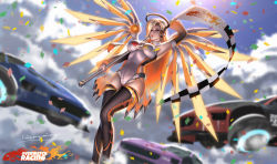Rule 34 | 1girl, arm up, armor, armpits, black thighhighs, blonde hair, blue eyes, blurry, breasts, car, checkered flag, clothes writing, cloud, cloudy sky, confetti, copyright name, day, depth of field, detached sleeves, faulds, feet out of frame, flag, hair over one eye, headphones, headset, highres, impossible clothes, impossible leotard, large breasts, leotard, liang xing, long sleeves, mechanical wings, mercy (overwatch), motor vehicle, multicolored hair, orange hair, outdoors, overwatch, overwatch 1, parted lips, pink lips, race queen, race vehicle, racecar, see-through, signature, sky, smile, solo, streaked hair, sun, thighhighs, watermark, web address, white leotard, wings