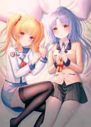 Rule 34 | 2girls, absurdres, angel beats!, bed sheet, black legwear, black skirt, blazer, blonde hair, blue sailor collar, blue skirt, box, brown eyes, collarbone, collared shirt, dress shirt, from above, gift, gift box, hair intakes, heart, highres, holding, holding box, huge filesize, jacket, long hair, long sleeves, looking at viewer, lying, miniskirt, multiple girls, neck ribbon, neckerchief, on back, on side, pillow, pleated skirt, red neckwear, ribbon, sailor collar, sailor shirt, school uniform, shiny clothes, shiny legwear, shirt, silver hair, skirt, tenshi (angel beats!), thighhighs, twintails, white shirt, wing collar, yellow eyes, yellow jacket, yjs0803123, yusa (angel beats!), zettai ryouiki
