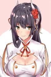 Rule 34 | 1girl, azur lane, benten (ioj3446), black hair, blush, breasts, brown eyes, cleavage, cleavage cutout, closed mouth, clothing cutout, flower, hair flower, hair ornament, hiei (azur lane), highres, horns, large breasts, long hair, looking at viewer, military, military uniform, neck ribbon, red flower, red ribbon, red rose, ribbon, rose, shiny skin, smile, solo, sweat, tsurime, two-tone background, uniform, upper body