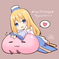 Rule 34 | 1girl, :3, = =, anniversary, arch bishop (ragnarok online), blonde hair, blue dress, blue eyes, blush, brown background, chibi, commentary request, cross, dress, full body, heart, highres, juliet sleeves, long hair, long sleeves, looking at viewer, open mouth, outline, pillbox hat, poring, puffy sleeves, ragnarok online, signature, simple background, sitting, slime (creature), smile, spoken heart, tomo-graphy, twitter username, two-tone dress, white dress, white headwear, white outline