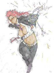 Rule 34 | 1girl, between breasts, breasts, capcom, cleavage, crimson viper, fauxhawk, glasses, gloves, kyuraa (kyura9een), large breasts, leather, mature female, necktie, necktie between breasts, pompadour, red hair, solo, street fighter, street fighter iv (series)