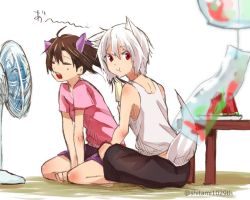 Rule 34 | 2girls, alternate costume, animal ears, bad id, bad twitter id, bow, brown hair, closed eyes, eating, food, fruit, hair bow, hair ornament, hand fan, himekaidou hatate, ice cream, inubashiri momiji, kneeling, long hair, looking at viewer, michimaru (michi), multiple girls, no headwear, open mouth, pants, red eyes, shirt, short hair, short sleeves, simple background, sitting, sleeveless, sweat, table, tail, text focus, touhou, twintails, watermelon, white background, white hair, wolf ears, wolf tail