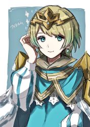 Rule 34 | 1girl, artist request, bad id, bad twitter id, blonde hair, blue background, blue eyes, blue hair, crown, earrings, feather trim, fire emblem, fire emblem heroes, fjorm (fire emblem), gradient hair, hand on own head, highres, jewelry, multicolored hair, nintendo, short hair, smile, sparkle, striped, vertical stripes