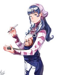 Rule 34 | 1girl, ace attorney, animal print, bear print, blue eyes, blue hair, blue overalls, blunt bangs, cowboy shot, dated, half-closed eyes, hand up, head scarf, highres, holding, holding notepad, holding pen, light smile, long hair, long sleeves, looking at viewer, miz (bannako), notepad, overalls, parted lips, pen, pink headwear, pink shirt, pocket, print overalls, shirt, sidelocks, signature, simple background, solo, striped clothes, striped shirt, turtleneck, vera misham, wavy hair, white background