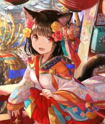 Rule 34 | 1girl, animal ears, bell, black hair, bow, cat ears, cat tail, character request, copyright request, fang, flower, fuzichoco, hair flower, hair ornament, open mouth, original, red bow, red eyes, smile, solo, tail