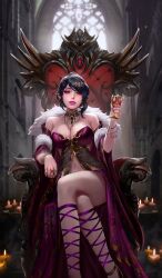 Rule 34 | 1girl, ahoge, black hair, bodysuit, breasts, candle, cape, cglas, crossed legs, earrings, feet out of frame, floral print, gem, gold, highres, jewelry, large breasts, lips, looking at viewer, navel, necklace, one eye obstructed, original, pointy ears, purple cape, red eyes, ring, see-through bodysuit, short hair, sitting, throne