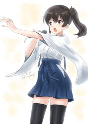 Rule 34 | 1girl, black hair, black thighhighs, blue hakama, brown eyes, hakama, hakama skirt, japanese clothes, kaga (kancolle), kantai collection, kitagawa mikio, long hair, looking to the side, microphone, music, one-hour drawing challenge, open mouth, simple background, singing, skirt, solo, thighhighs, white background, wide sleeves