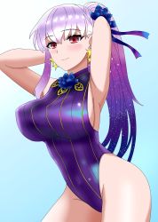 Rule 34 | 1girl, armpits, arms behind head, arms up, bare shoulders, blue hair, blue one-piece swimsuit, blush, breasts, covered navel, earrings, fate/grand order, fate (series), flower, hair flower, hair ornament, hair ribbon, highleg, highleg swimsuit, hiromon, jewelry, kama (fate), kama (swimsuit avenger) (fate), kama (swimsuit avenger) (third ascension) (fate), large breasts, long hair, looking at viewer, lotus, multicolored hair, one-piece swimsuit, ponytail, red eyes, ribbon, silver hair, smile, solo, star (symbol), star earrings, swimsuit, thighs, two-tone hair