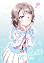 Rule 34 | 1girl, birthday, blue eyes, brown hair, dated, dvermayo, happy birthday, long sleeves, looking at viewer, love live!, love live! sunshine!!, one eye closed, short hair, solo, watanabe you
