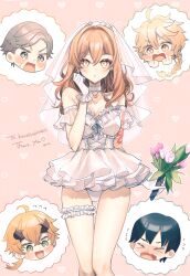 1girl 4boys absurdres aether_(genshin_impact) ahoge black_hair blonde_hair bouquet braid breasts bridal_veil bride brown_hair character_request cleavage dress earrings flower frilled_dress frilled_thigh_strap frills genshin_impact grey_hair highres holding holding_bouquet jewelry long_hair looking_at_viewer multiple_boys naganohara_ryuunosuke second-party_source short_hair solo_focus standing tamaya_yoi thigh_strap thoma_(genshin_impact) veil wedding_dress white_dress yellow_eyes yoimiya_(genshin_impact)