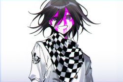 Rule 34 | 1boy, black hair, blood, blood on face, blush, buttons, checkered clothes, checkered neckwear, checkered scarf, commentary request, danganronpa (series), danganronpa v3: killing harmony, grey background, grey jacket, grin, hair between eyes, hambagseu, jacket, looking at viewer, male focus, medium hair, oma kokichi, pink blood, purple eyes, scarf, smile, solo, straitjacket, upper body