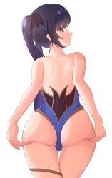 Rule 34 | 1girl, artist request, ass, ass grab, ass support, bare shoulders, blush, come hither, deep skin, from behind, genshin impact, green eyes, grin, hair ribbon, highres, huge ass, leotard, long hair, looking at viewer, looking back, mona (genshin impact), purple hair, ribbon, shiny skin, smile, solo, thighlet, twintails, very long hair, wide hips
