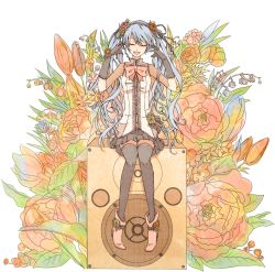 Rule 34 | 1girl, am (amyu amyu), blue hair, bow, colorized, closed eyes, flower, full body, gloves, hair flower, hair ornament, hair ribbon, hairband, hatsune miku, highres, legs, long hair, ribbon, shoes, sitting, skirt, smile, solo, speaker, thighhighs, transparent background, twintails, very long hair, vocaloid, zettai ryouiki