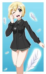 Rule 34 | 1girl, bad id, bad pixiv id, black eyes, blonde hair, erica hartmann, feathers, military, military uniform, one eye closed, open mouth, panties, short hair, solo, strike witches, ujimushi, underwear, uniform, ussan (uzi), wink, world witches series