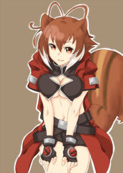 Rule 34 | 1girl, animal ears, antenna hair, arc system works, belt, blazblue, blazblue: continuum shift, breasts, brown eyes, brown hair, cleavage, cleavage cutout, clothing cutout, cosplay, fingerless gloves, gloves, jacket, kiyosi, large breasts, makoto nanaya, midriff, navel, ragna the bloodedge, ragna the bloodedge (cosplay), shorts, smile, solo, squirrel ears, squirrel tail, tail, underboob