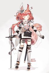 Rule 34 | 1girl, animal ears, arknights, armor, armored boots, boots, dated, ear covers, ear tag, earpiece, flametail (arknights), full body, gauntlets, long hair, ponytail, pouch, red hair, smile, solo, squirrel ears, squirrel girl, squirrel tail, standing, sword, tail, thigh pouch, thigh strap, thurim6, twitter username, weapon