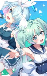 Rule 34 | 2girls, alternate costume, aqua hair, armpits, arona (blue archive), blue archive, blue background, blue hair, braid, child, crossover, dress, hatsune miku, idol, microphone, multiple girls, music, one eye covered, short hair, singing, twintails, vocaloid